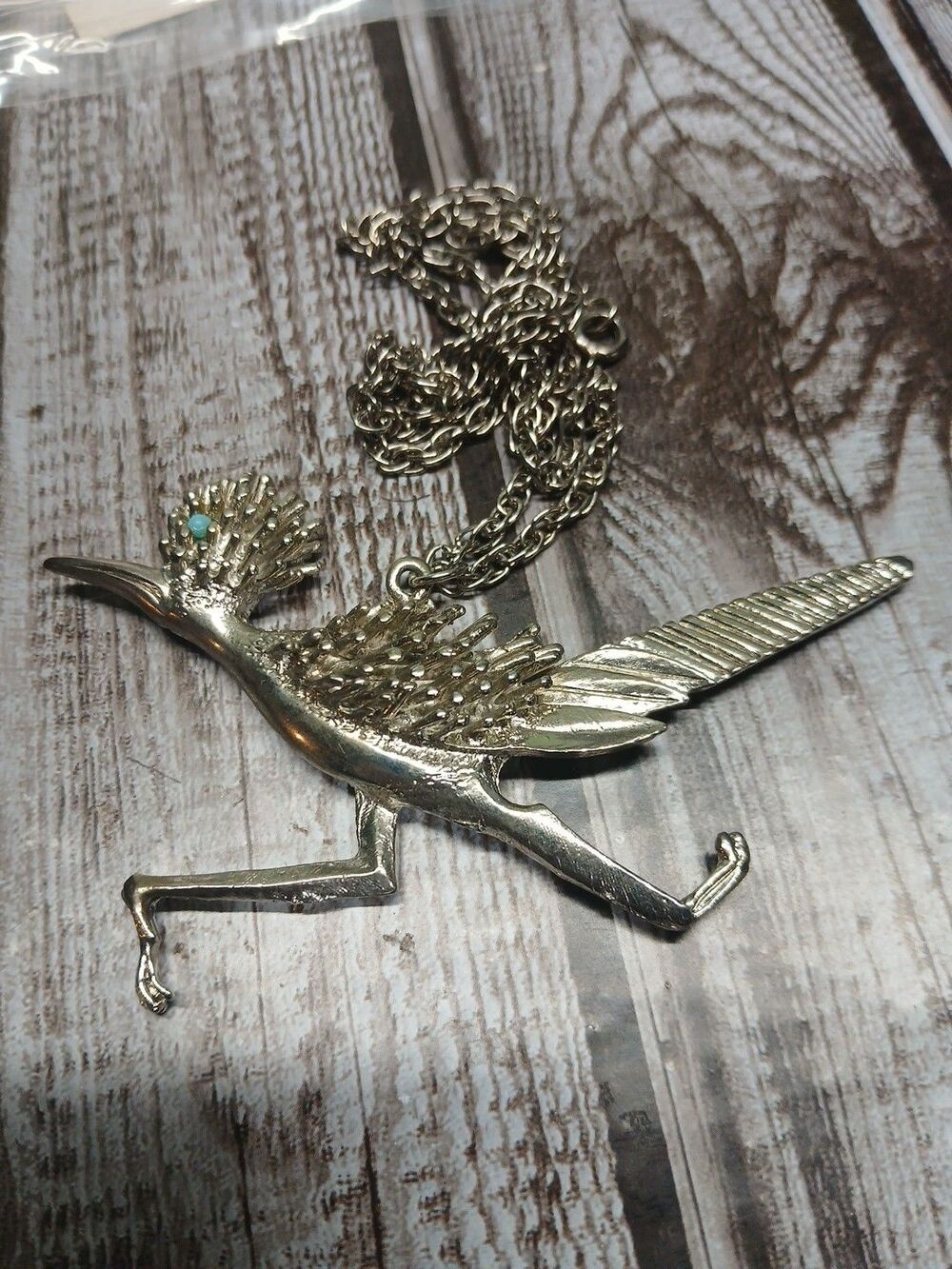 Vintage Silver Tone Roadrunner Bird Pendant Necklace Rope Chain 22 Inch Chain